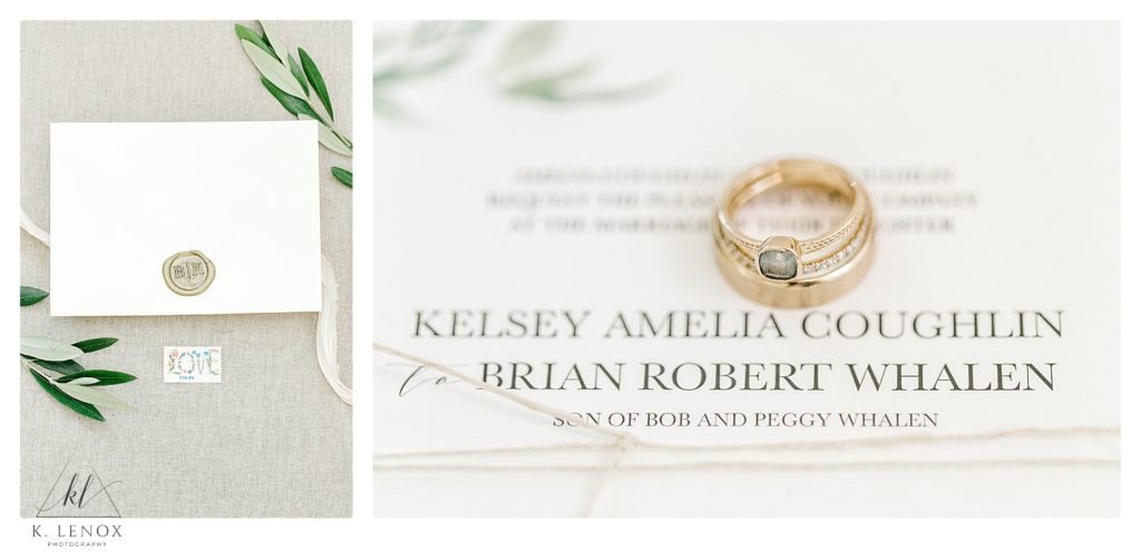 Gold Wedding rings photographed on a white invitation.   Light and Airy photos by K. Lenox Photography