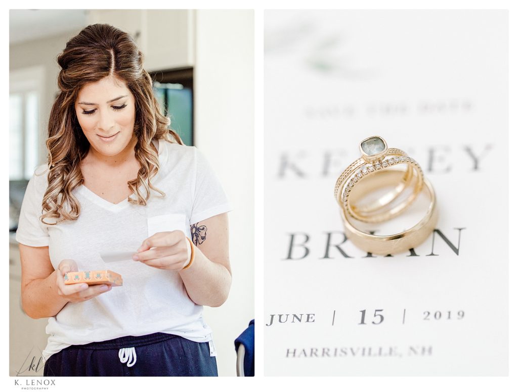 The Bride reading a note from her groom on their wedding day.   Antique gold wedding bands also shown. 
