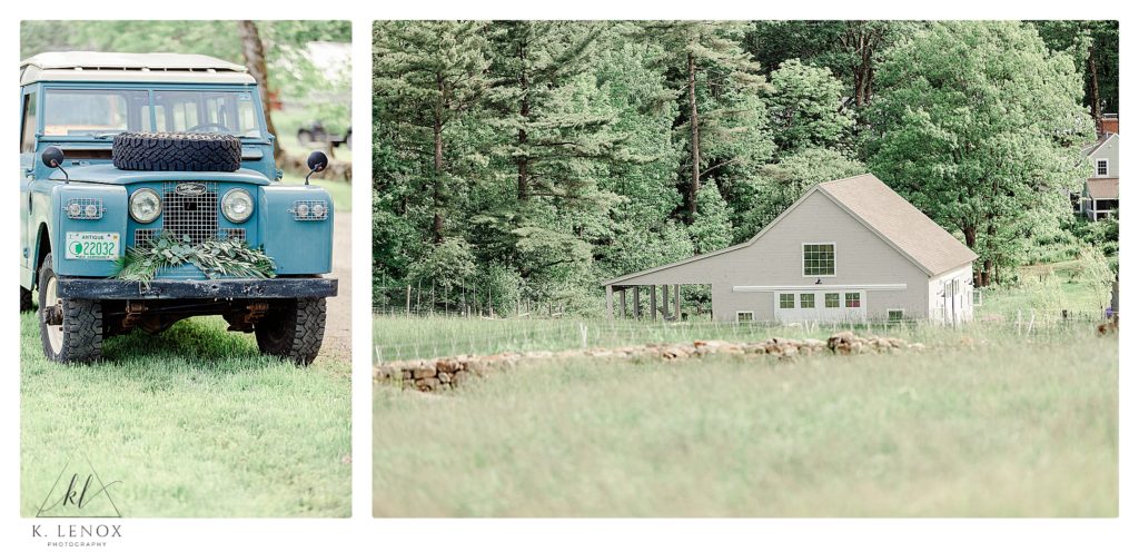 Mayfair Farm on a Wedding day- showing an antique Blue Land Rover decorated with Olive Leaves. 