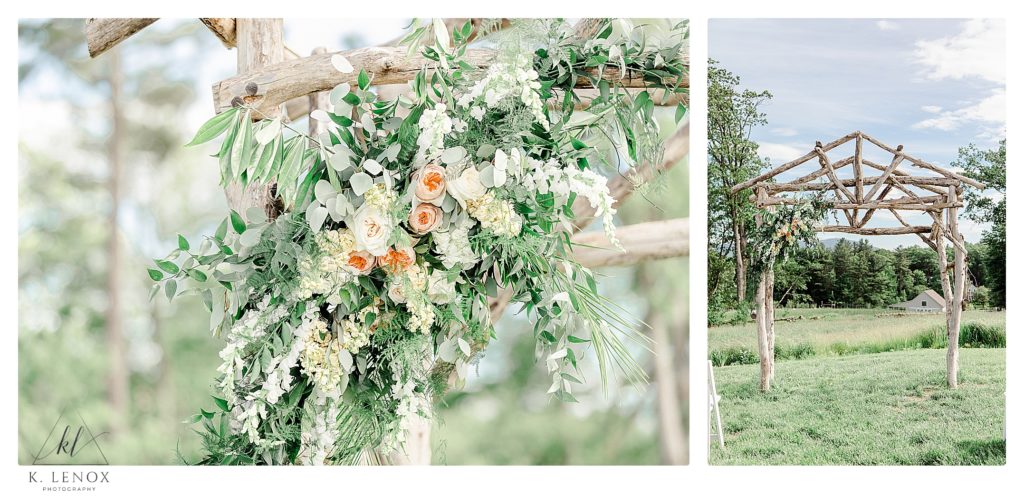 Mayfair Farm Wedding- Wooden Arbor decorated with Flowers. 