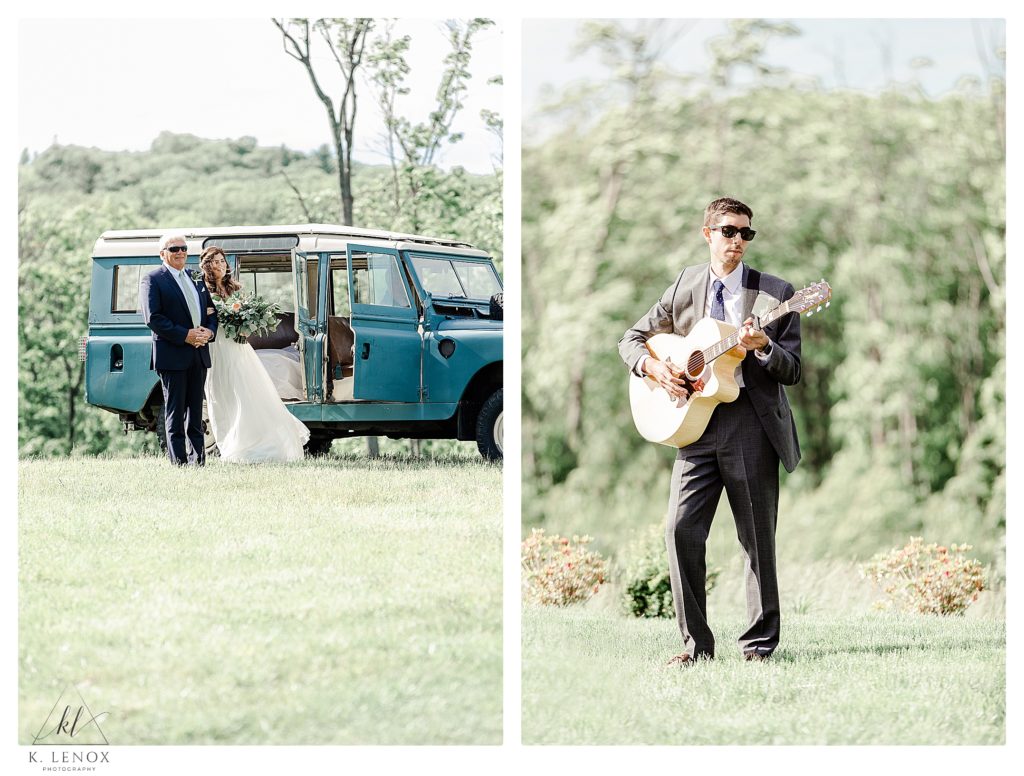 Mayfair Farm Wedding- Bride getting out of Antique Blue Land Rover as her friend plays the guitar. 