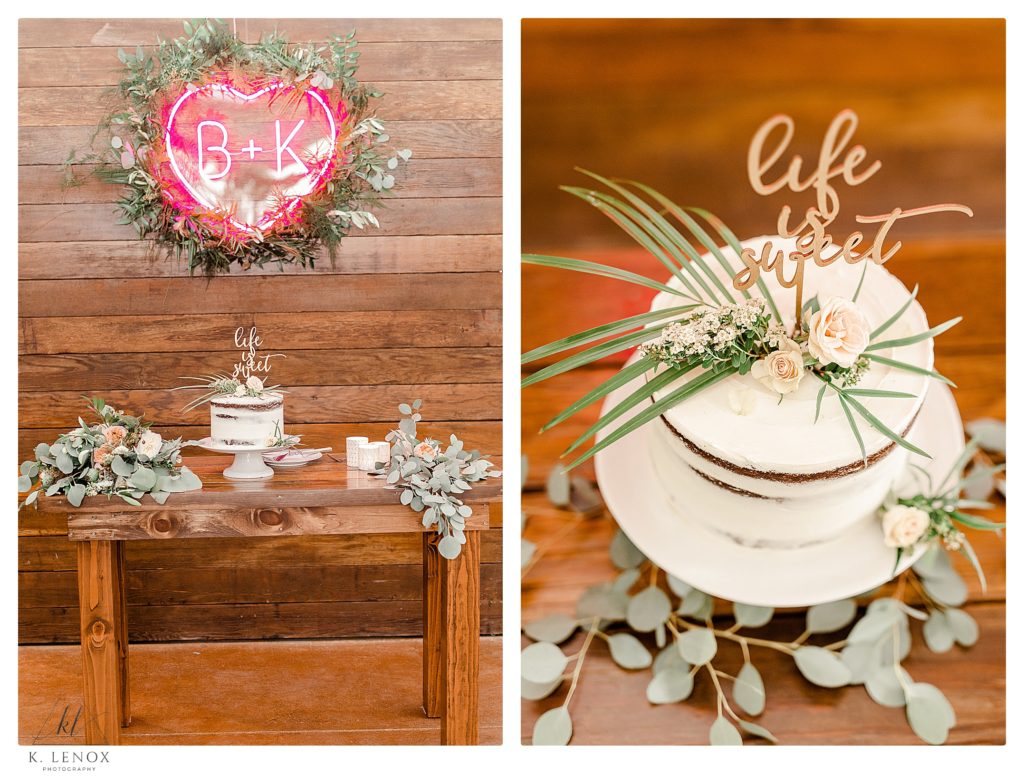 Interior Reception Decor for a Mayfair Farm Wedding- Showing white naked cake with a "life is sweet" cake topper. 