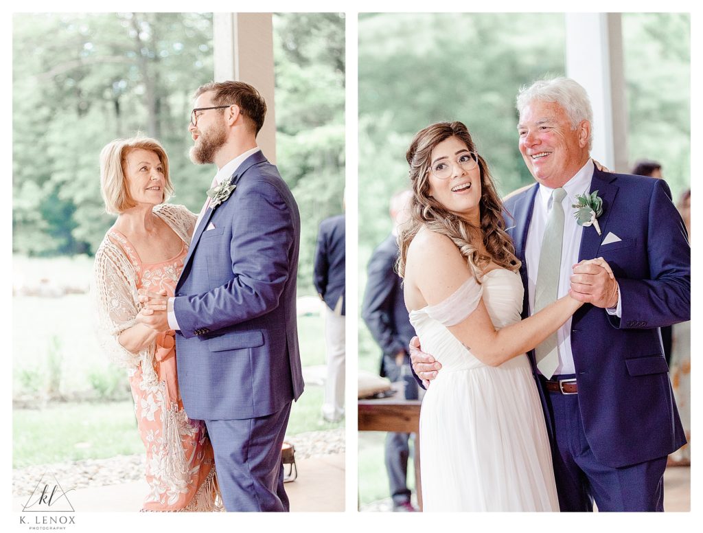 Candid photos of a bride and groom dancing with their parents on the covered porch of Mayfair farm. 