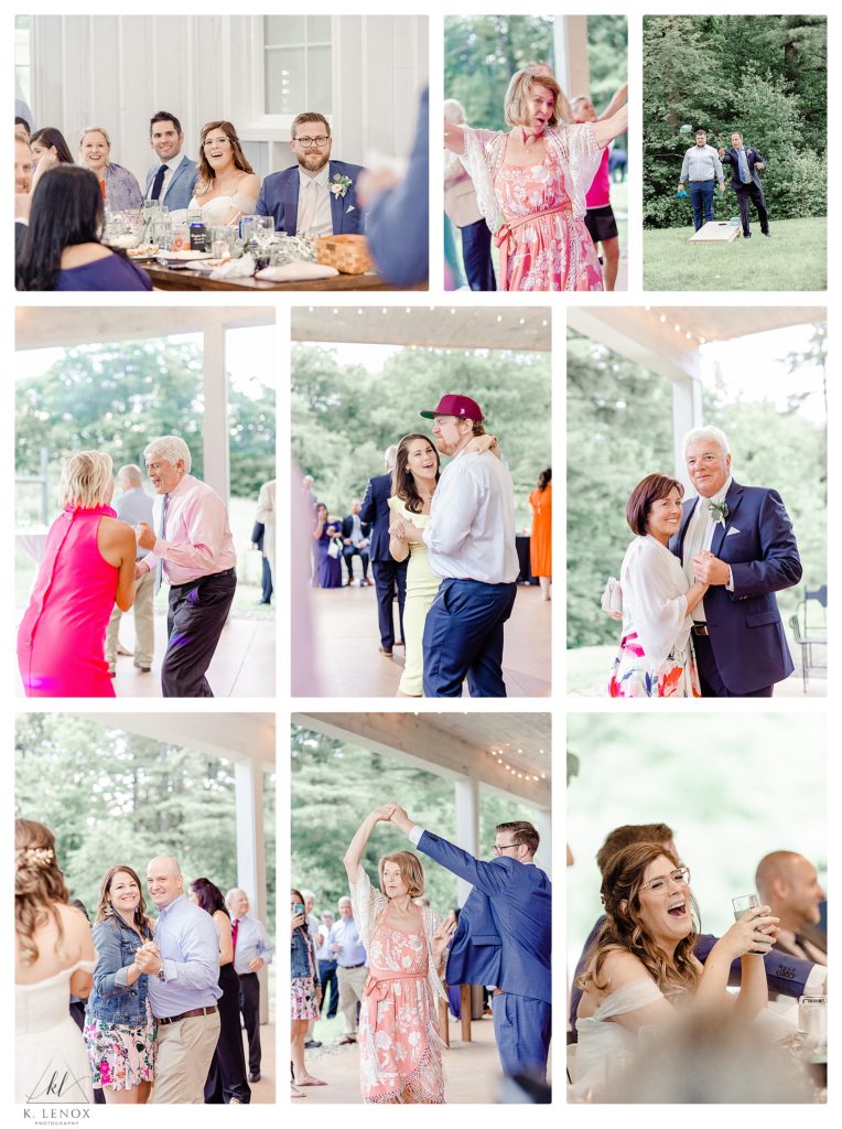 Variety of candid reception dancing shots taken at a wedding at Mayfair Farm. 