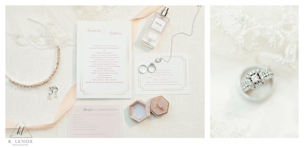 Light and Airy Flat Lay showing an invitation suite and all bridal jewelry.  