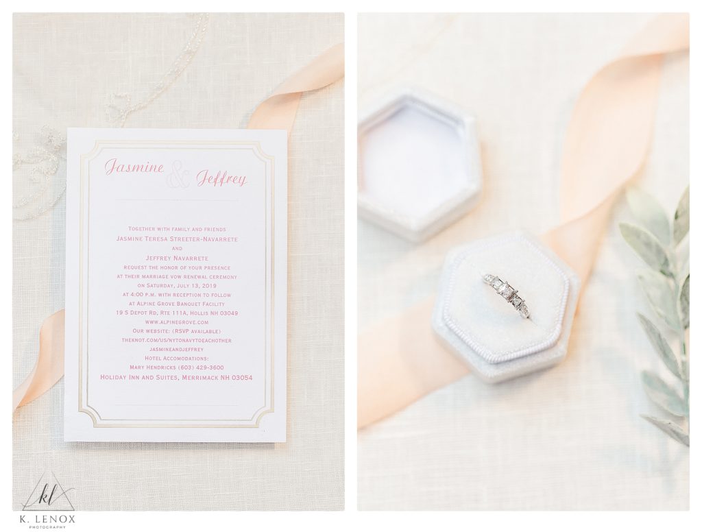 Simple light and airy photo showing an invitation and a white gold engagement ring in a white box and peach ribbon. 