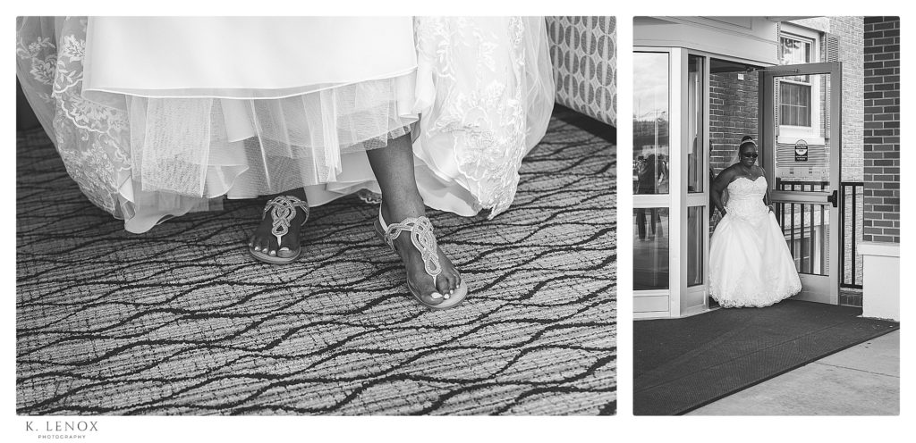 Black and White photos showing a brides bottom of her dress and her shoes, as well as her coming out of the hotel. 