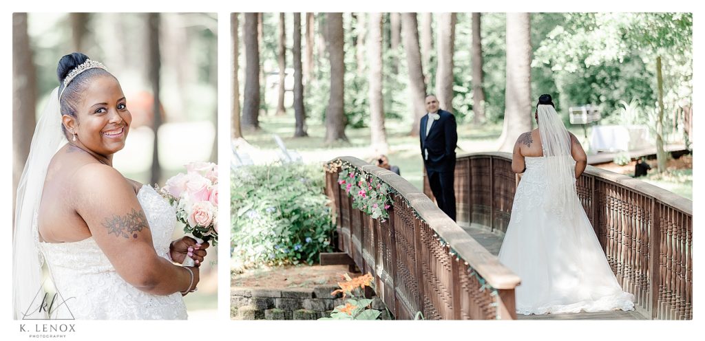 Bride and Groom share a first look before their Classic Wedding At Alpine Grove in Hollis NH. 