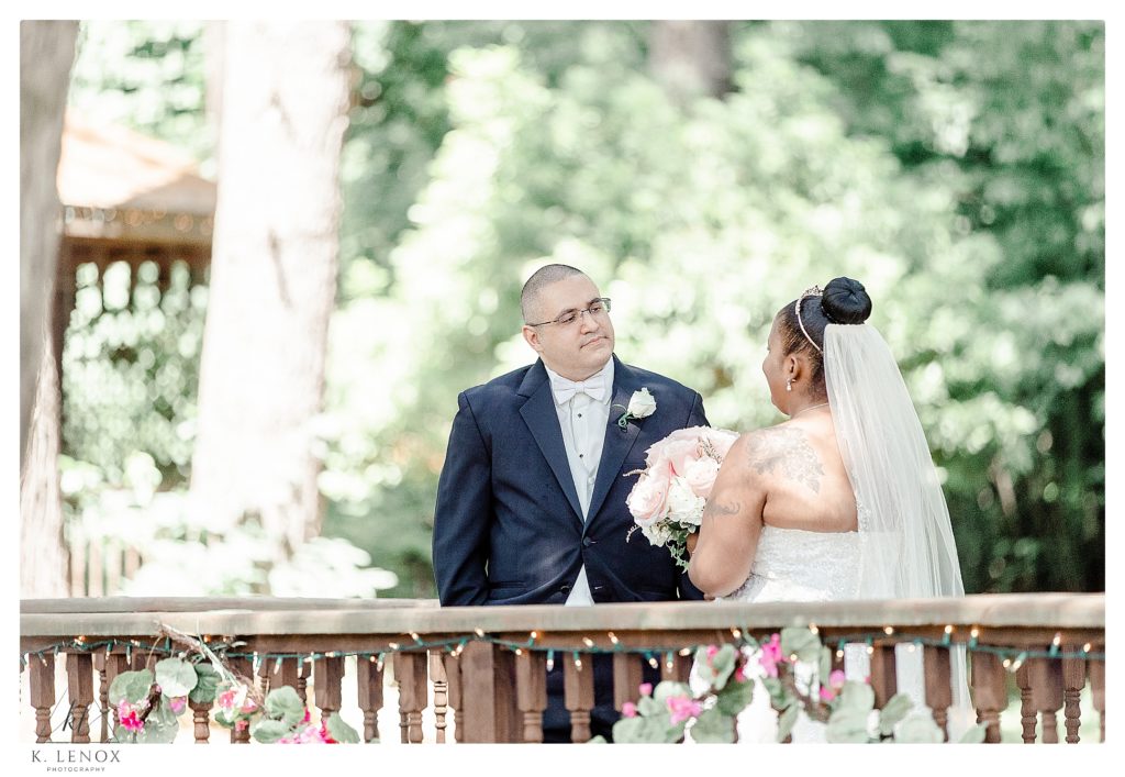Bride and Groom share a first look before their Classic Wedding At Alpine Grove in Hollis NH. 