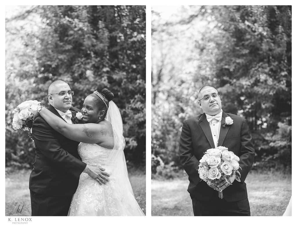 Classic Wedding at Alpine Grove in Hollis NH.  Black and White photo of a groom holding his brides bouquet. 