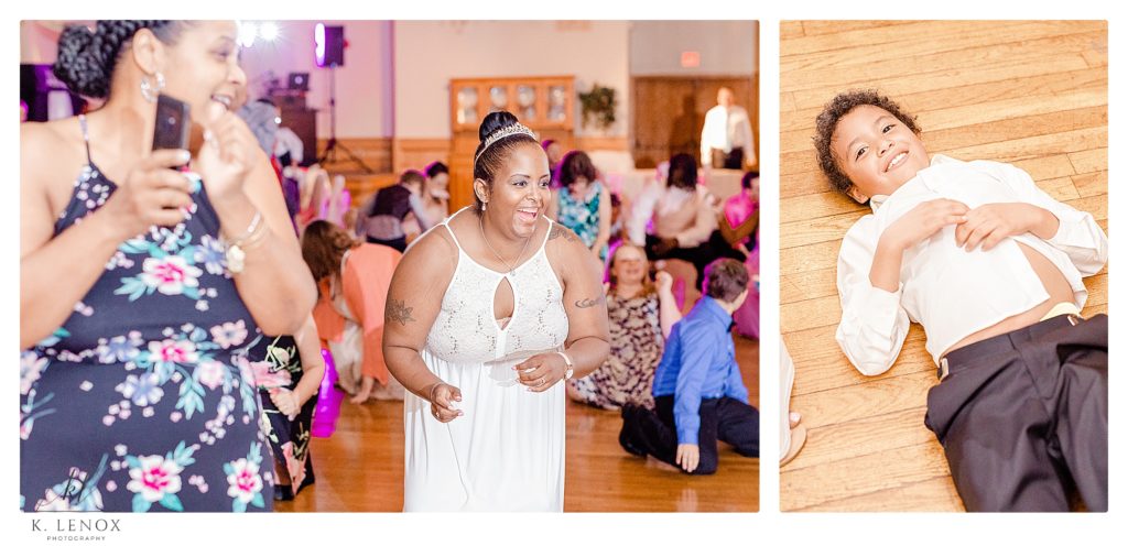 Bride is laughing and dancing at her reception at the Alpine Grove Banquet Facility in Hollis NH. 