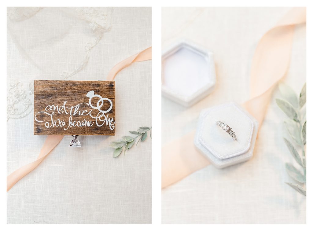 Light and Airy Detail photo taken of a wooden customized ring box and a white ring box. 