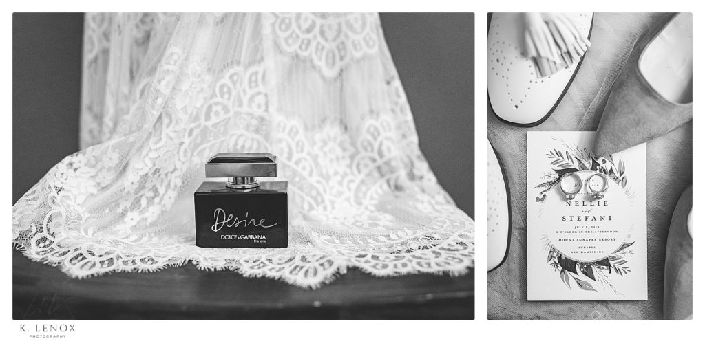 Black and White photo of bridal details showing Desire Perfume and womens shoes for a Summer Mount Sunapee Wedding. 