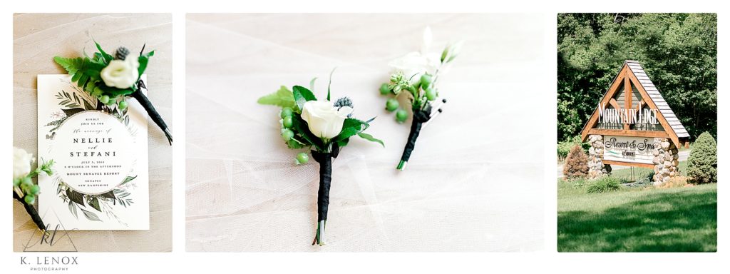 Summer Wedding bridal details showing boutonieers, and the Mountain Edge Resort Sign. 