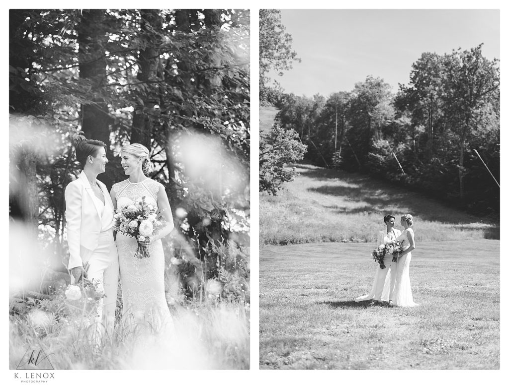 Black and White photos showing two brides at their Summer Wedding at Mount Sunapee Resort