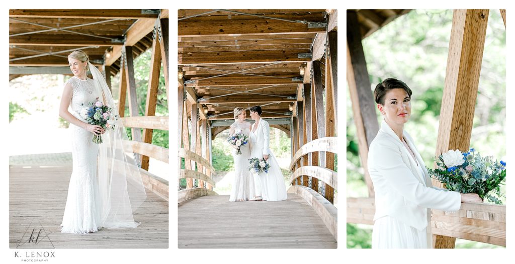 photos showing two brides at their Summer Wedding at Mount Sunapee Resort- on a covered bridge