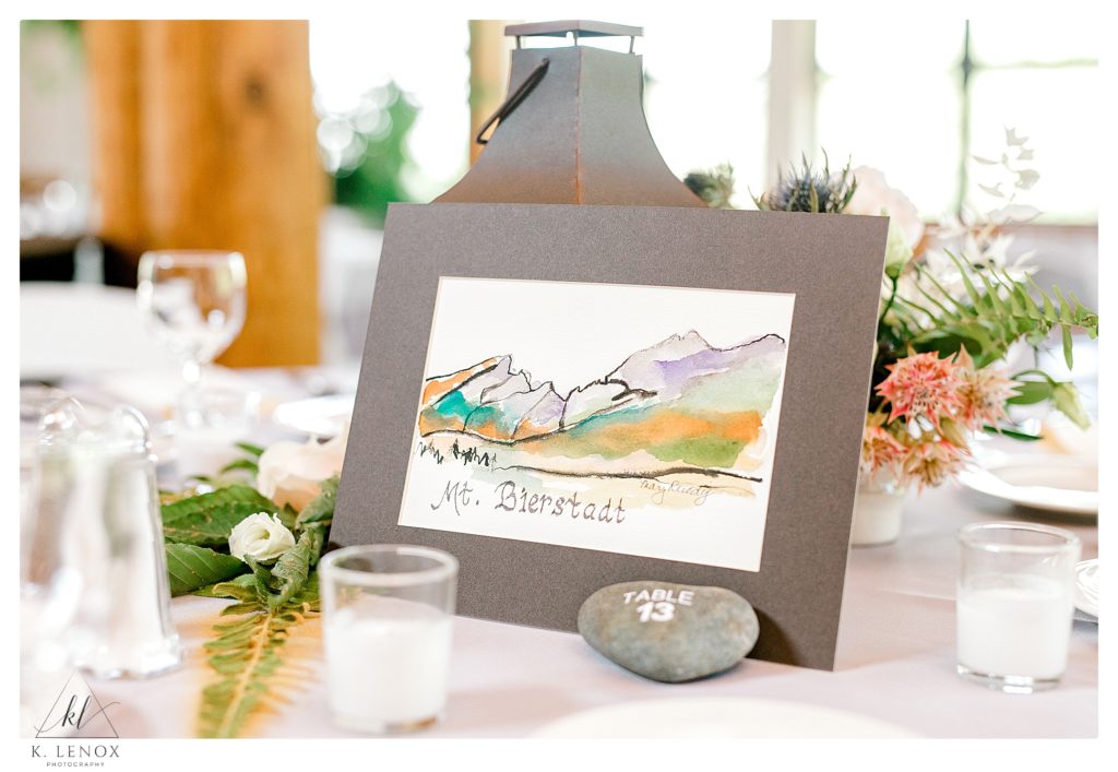 Watercolor painting on the tables at a Summer Mount Sunapee wedding. 