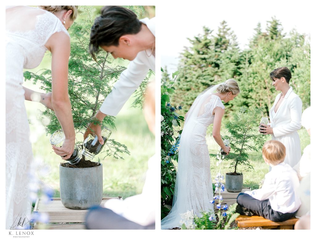 Summer Wedding ceremony at Mount Sunapee.  Two brides plant a tree at during their ceremony. 