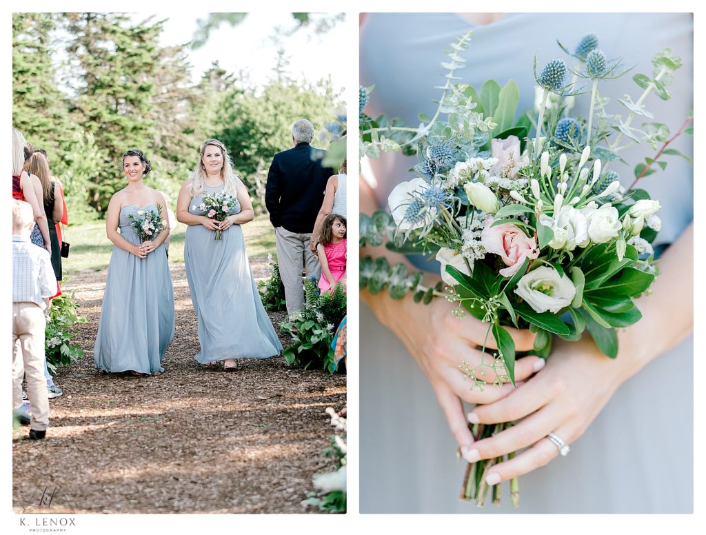 Matron of Honors wearing soft blue dresses walk down the aisle at the Summer wedding at Mount Sunapee