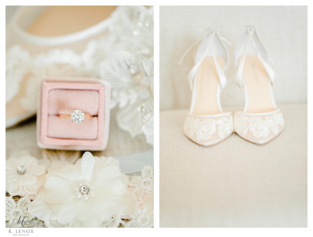 White Wedding Shoes and Diamond Solitaire Engagement Ring. 