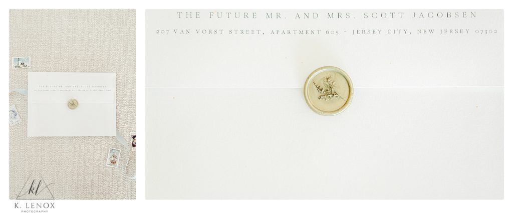 Gold Wax Seal on a white wedding invitation envelope. 