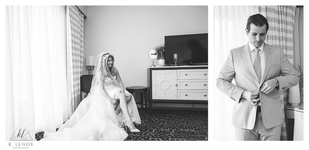 Candid, black and white photos of a bride and groom getting ready for their wedding at wedding at The York Golf and Tennis Club in Maine.