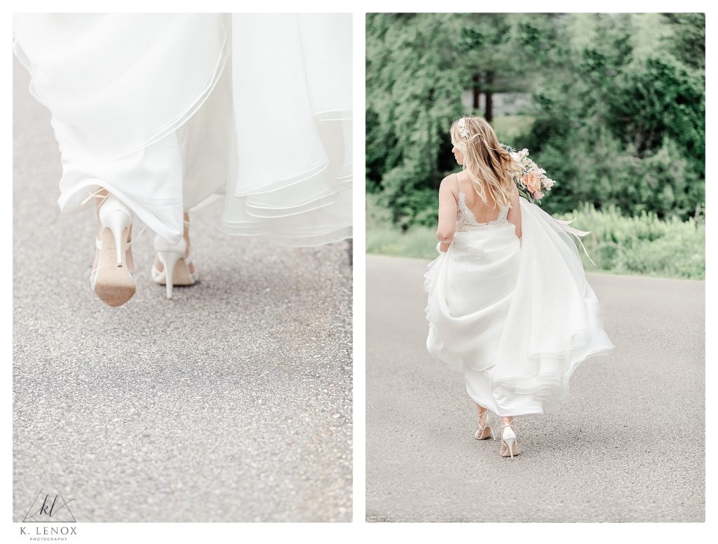 Candid photo of a bride walking and holding her wedding gown. 