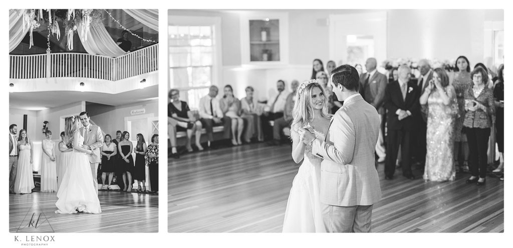Black and White photo of a bride and groom kissing during their first dance at Wedding at the York Golf and Tennis Club. 