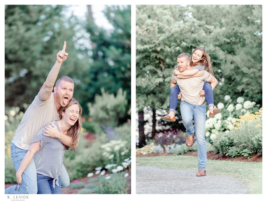 Light and Airy , candid and fun photos showing a man and woman giving each other piggyback rides during their engagement session at Cathedral of the Pines. 