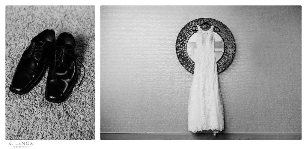 Black and White photo showing Essence of Australia fit and flare lace wedding dress with halter neckline, romantic completely lace back with fabric buttons