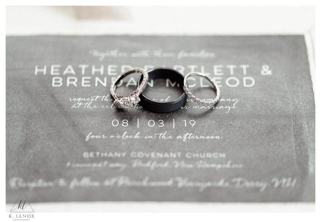 Wedding invitation with a "chalk board" writing with three wedding rings on it. 