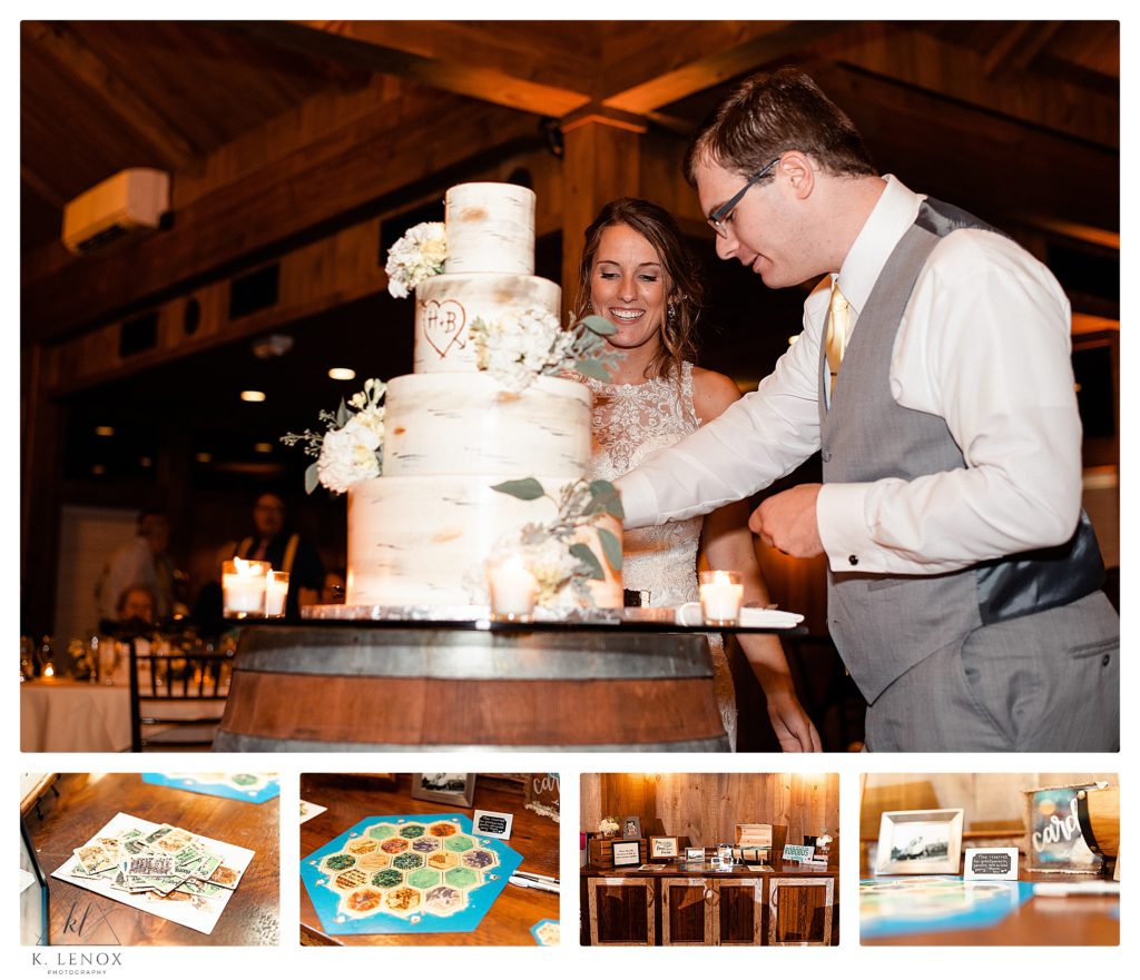 Bride and Groom cut the cake during their Summer Wedding Reception at the Birch Wood Vineyard in Bedford NH.