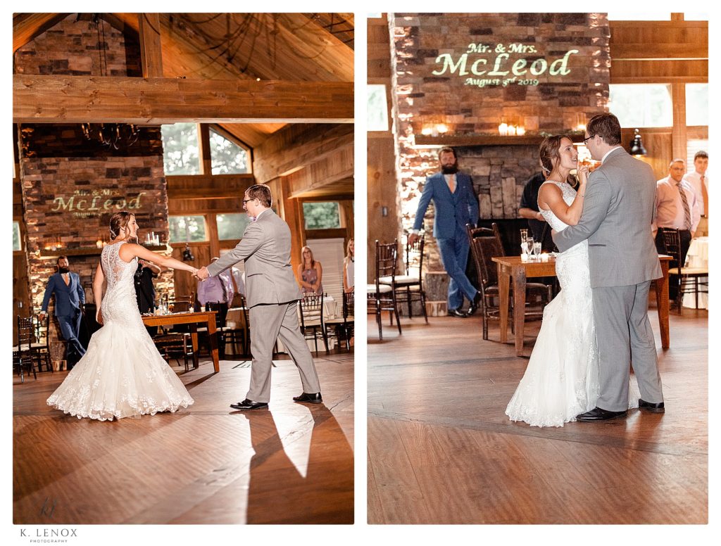 Bride and Groom Dance during their Summer Wedding Reception at the Birch Wood Vineyard in Bedford NH. 