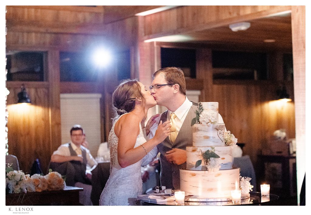 Bride and Groom cut the cake during their Summer Wedding Reception at the Birch Wood Vineyard in Bedford NH.