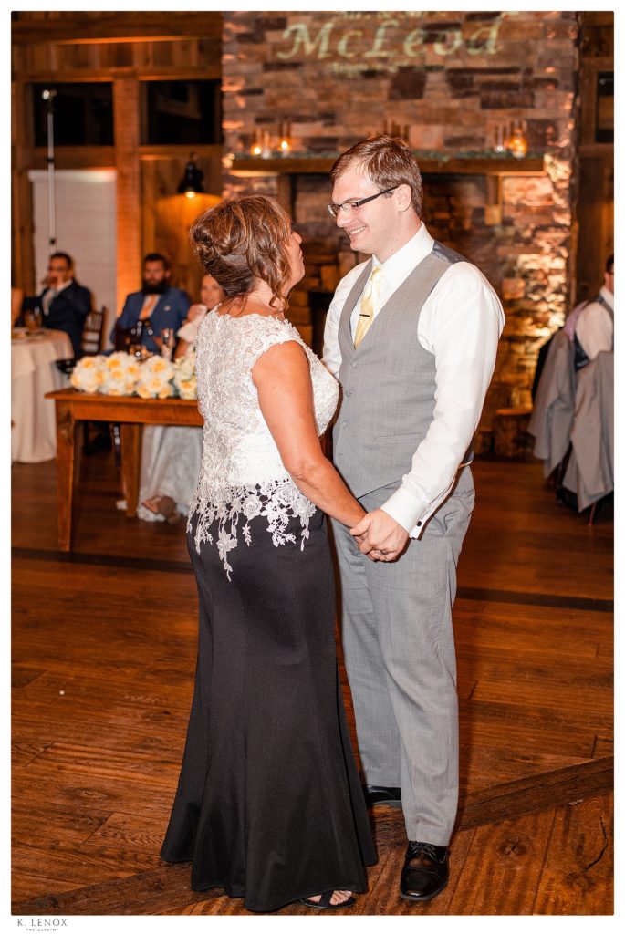 Groom Dances with his Mom during their Summer Wedding Reception at the Birch Wood Vineyard in Bedford NH.