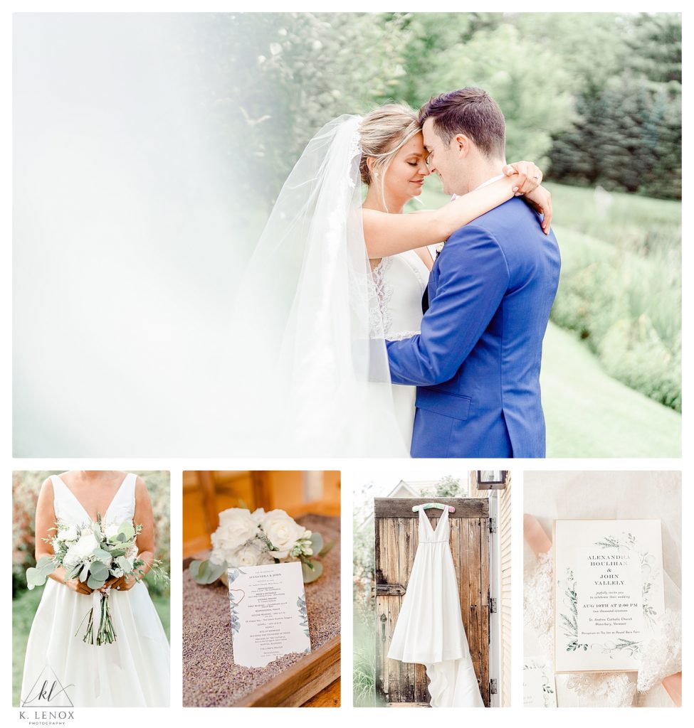Light and Airy Summer Wedding at the  Inn at the Round Barn in Vermont. Bride and Groom portrait with a long veil and bridal detail pictures. 