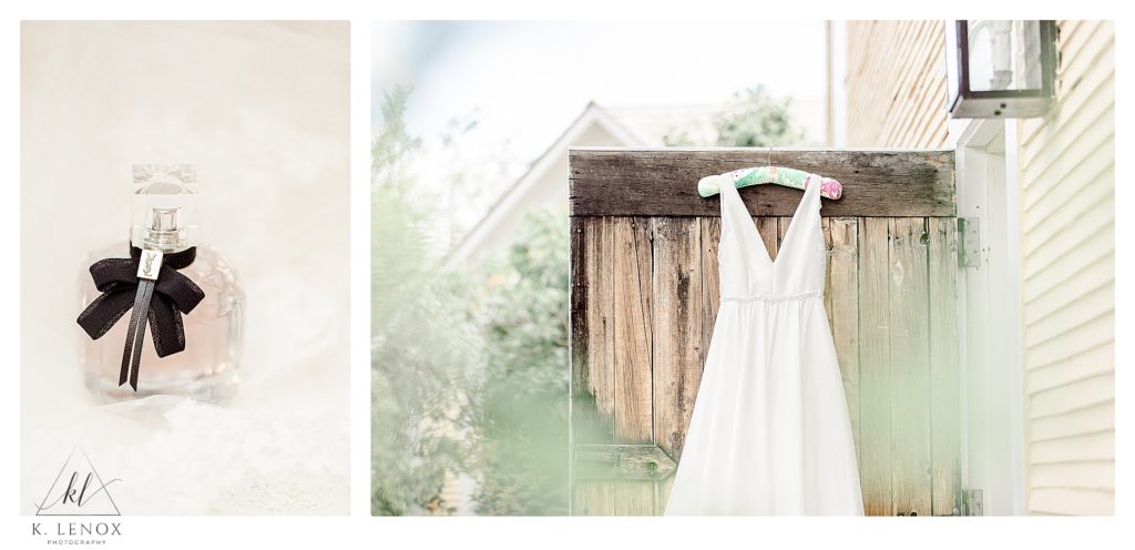 bhldn wedding dress hanging from a Wooden door at the Inn at the Round Barn. 