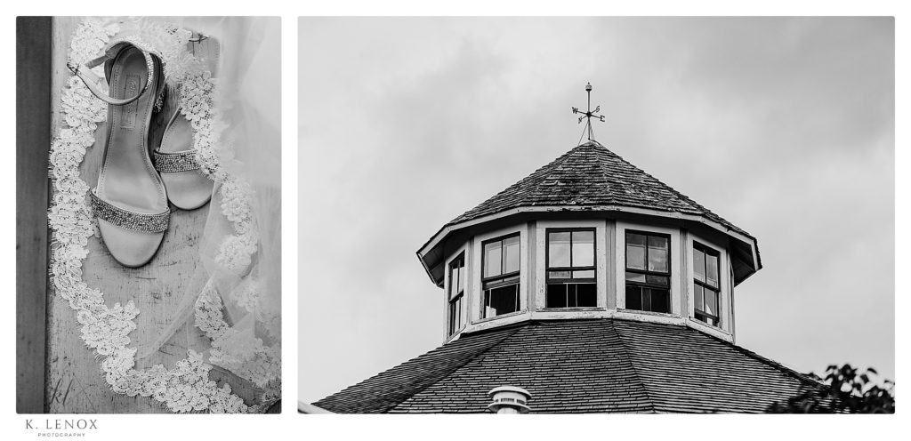 Black and White photo showing the top of the Inn at the Round Barn and Wedding shoes with a veil.   