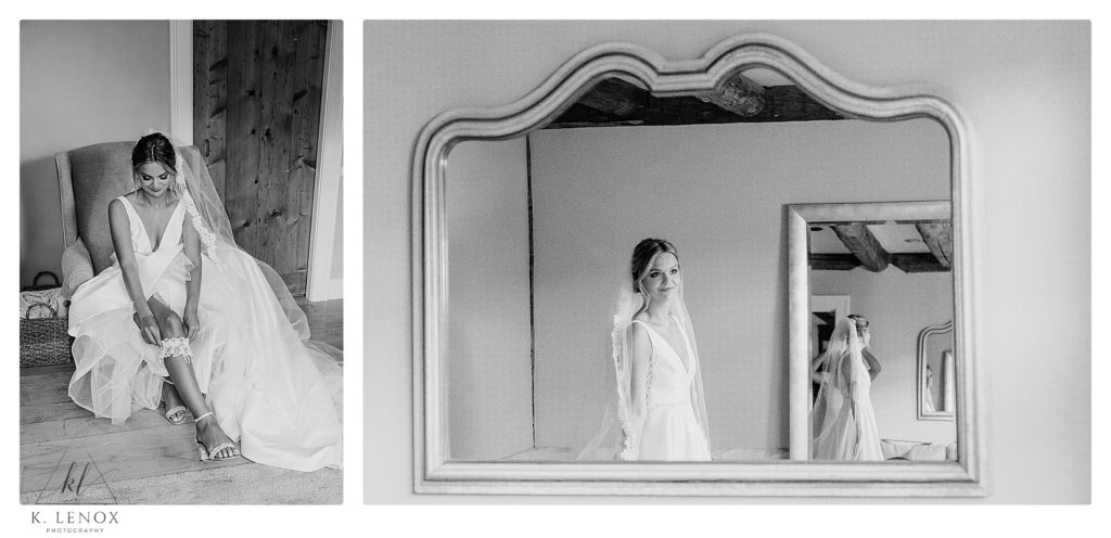 Black and White photos of a bride getting ready at the Inn at the Round Barn. 