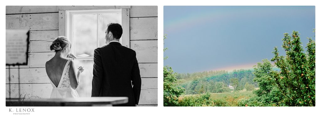 Wedding at Inn at the Round Barn- Bride and Groom in the Milking room looking at a Rainbow out the window.