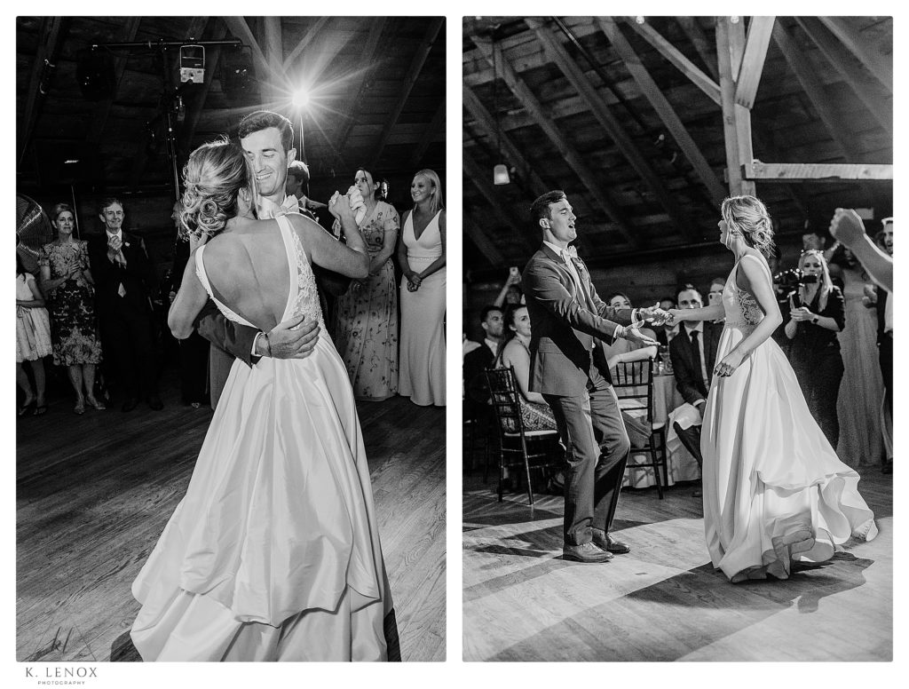 Wedding at Inn at the Round Barn- Black and white photos of the bride and grooms first dance. 