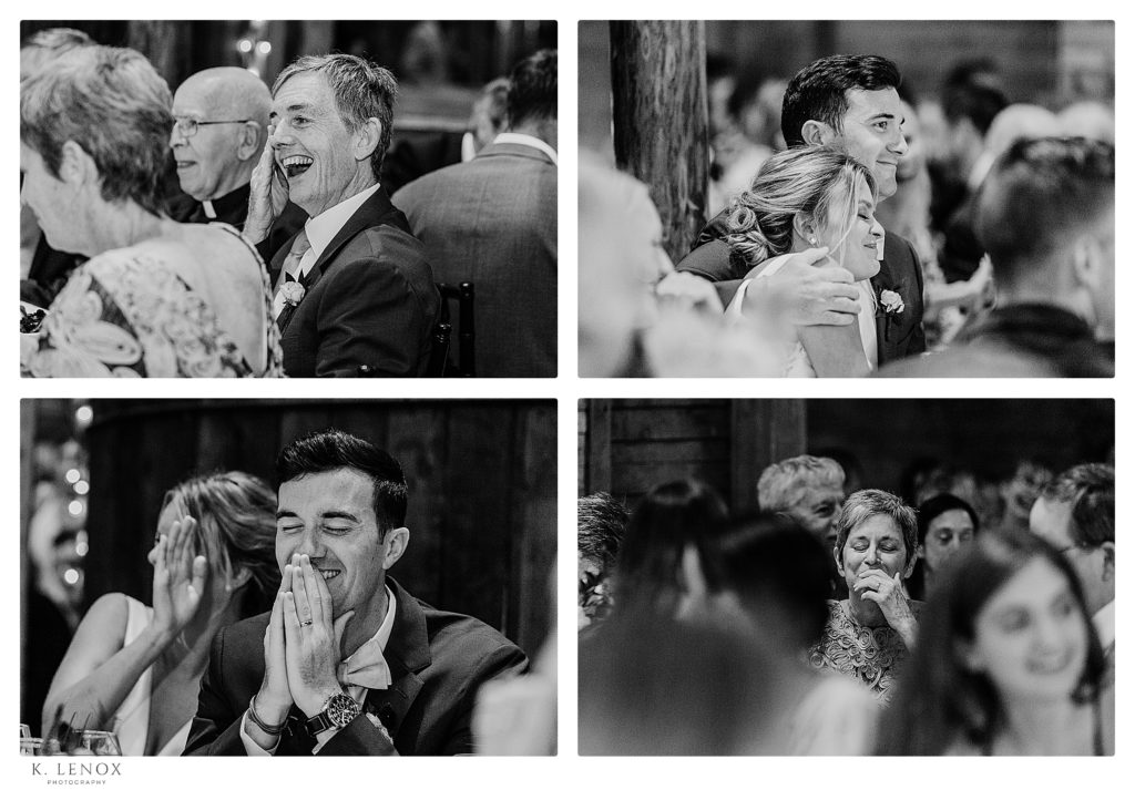 Black and White Collage of candid images from a wedding at the inn at the round barn. 
