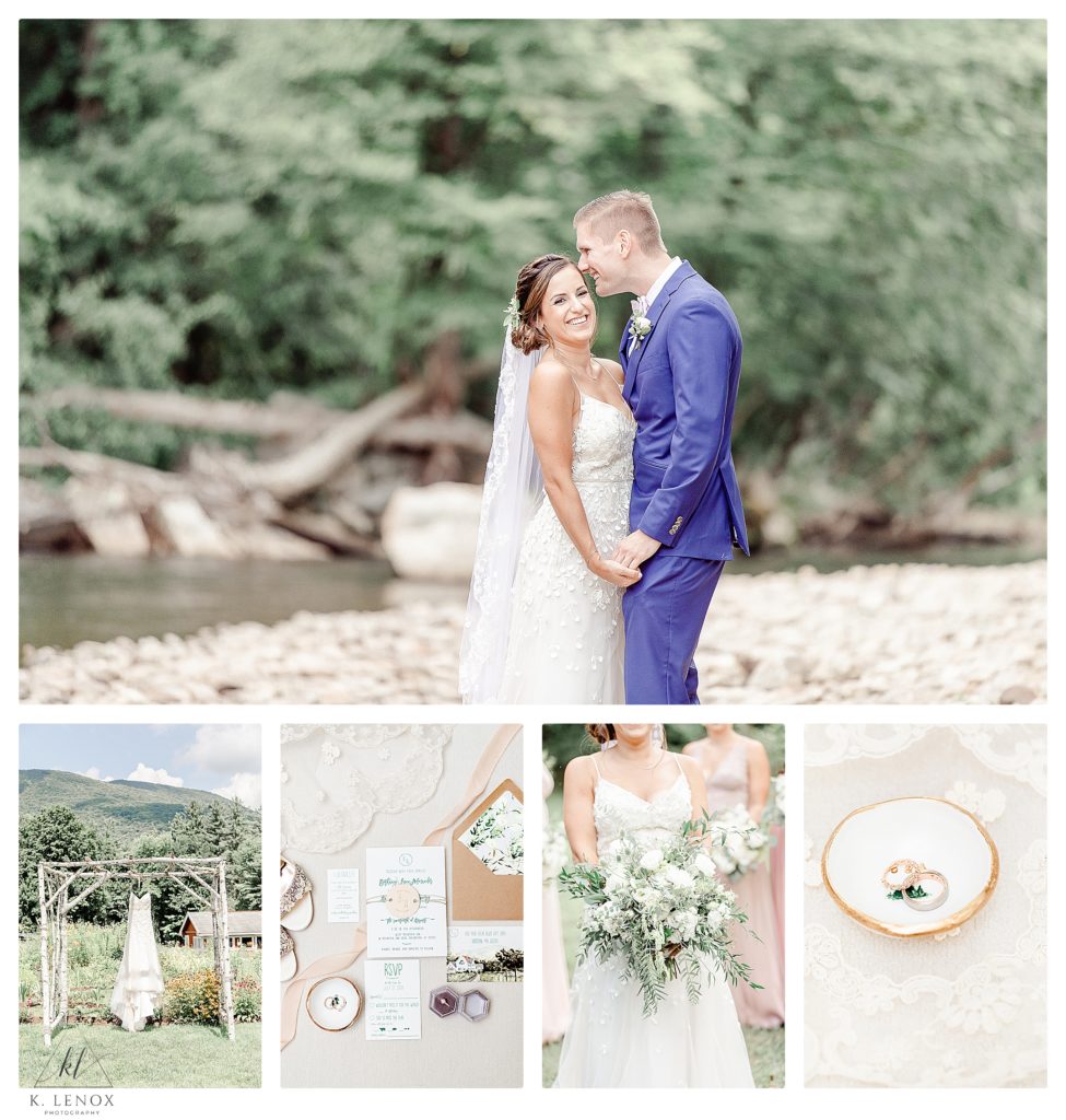 Light and Airy Summer wedding at the West Mountain Inn- picture a bride and groom at the river's edge and some detail photos. 
