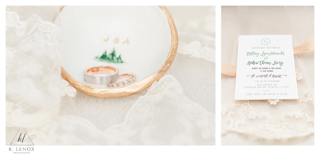 Light and Airy photo showing two rose gold and white gold wedding rings. 