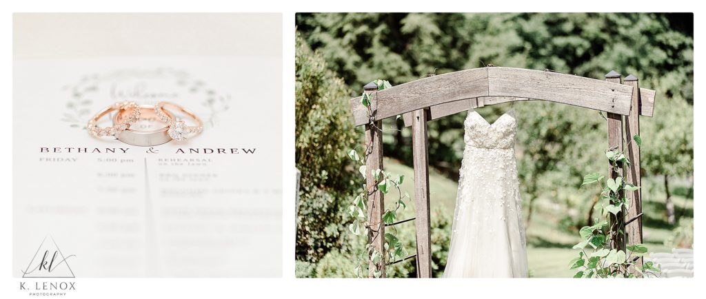 Wedding at The West Mountain Inn, with a wedding dress hanging on an arbor and simple and elegant white invitation