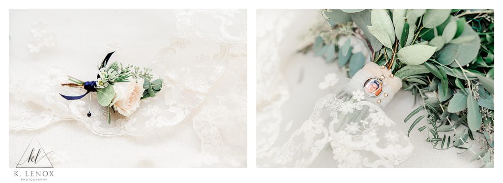 Detail shots showing a white rose boutonniere and a bouquet with a special trinket.  