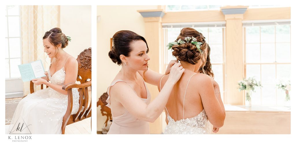 Bride gets ready with her bridesmaid for her Wedding at The West Mountain Inn