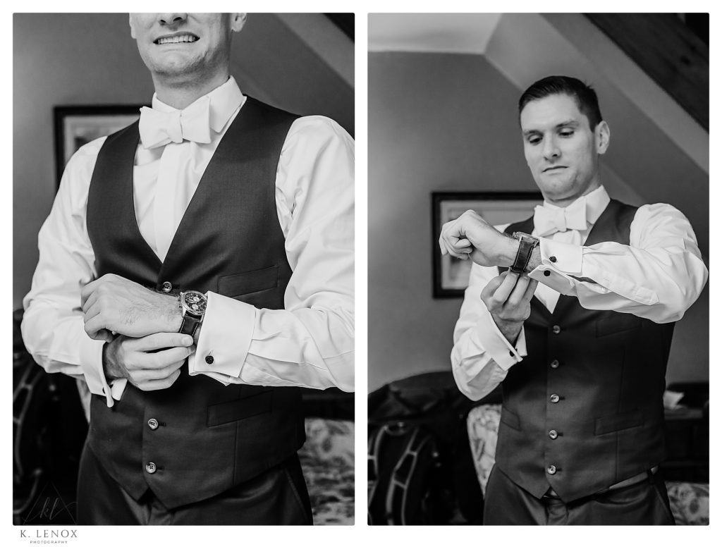 Groom gets dressed for his wedding while at the West Mountain Inn in Arlington VT. 