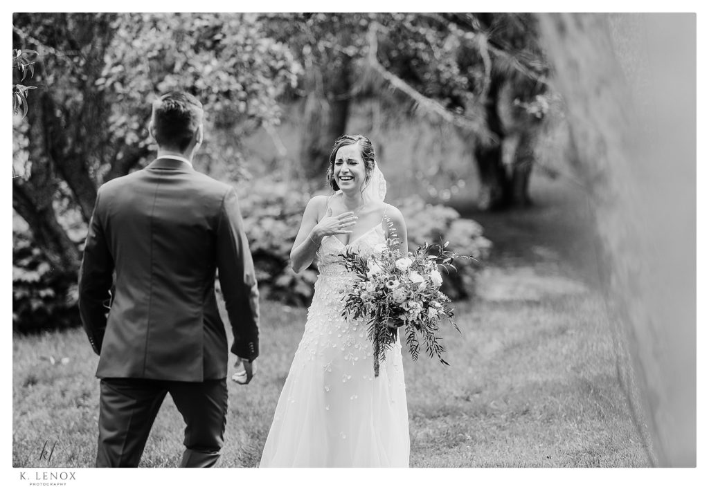 Bride and Groom share a first look at the West Mountain Inn in Arlington Vt. 