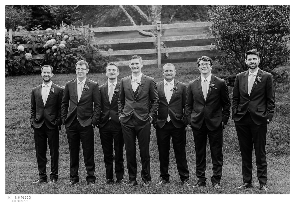 Black and White photograph of a groom and his groomsmen at the West Mountain Inn. 